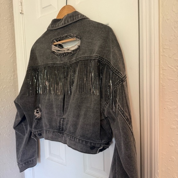 Blue B Distressed Black Denim Jacket Cropped M/L - Picture 6 of 8
